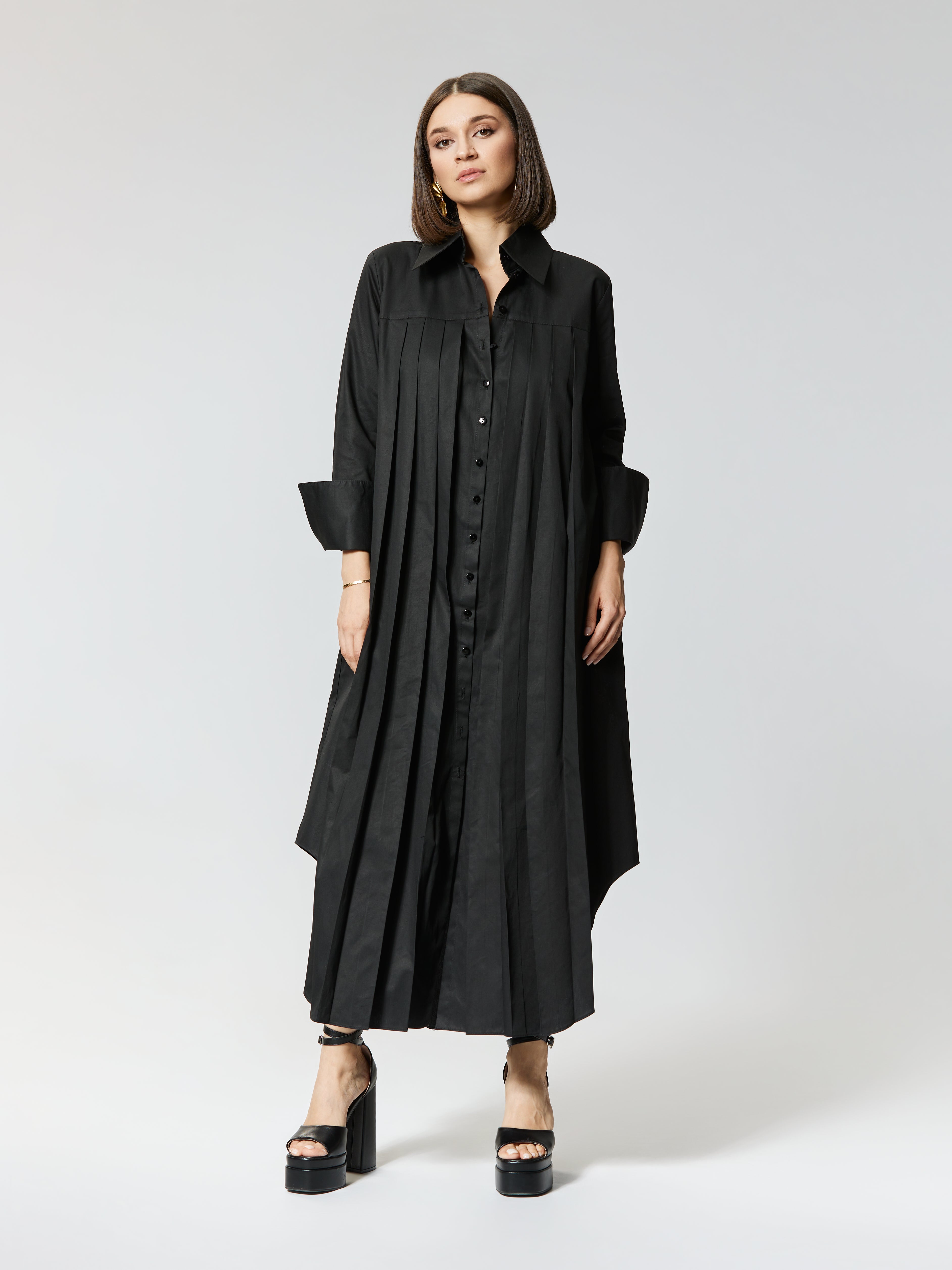 ANTOINE | Organic Cotton Pleated Shirt Dress in Black