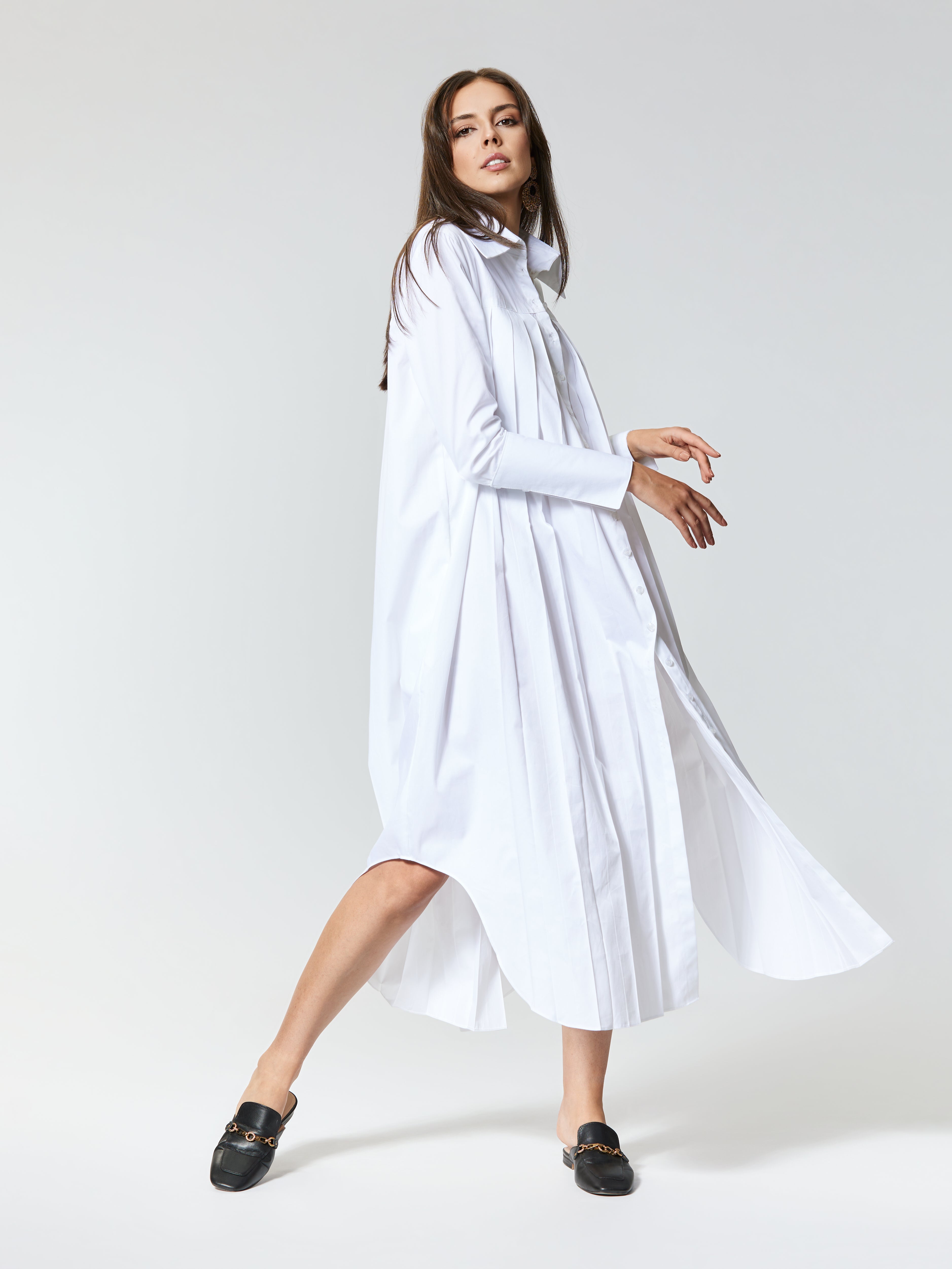 ANTOINE | Organic Cotton Pleated Shirt Dress in White